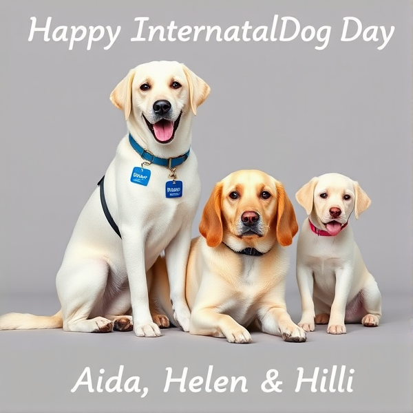create poster with Happy International Dog Day. On the bottom says Aida, Helen & Hili. The poster has three female dogs. one dog is beautiful white cross-breed labrador and golden retreiver standing with a smile and wagging tail with guide dog haltet and blue name tag says Aida. next to her is laying a light colored beautiful labrador with red name tag that says Helen. Helen's long ears are a bit darker at the bottom. next to Helen sits a beautiful not puppy light colored labrador smiling with a pink bow in hair and pink name tag Hili.