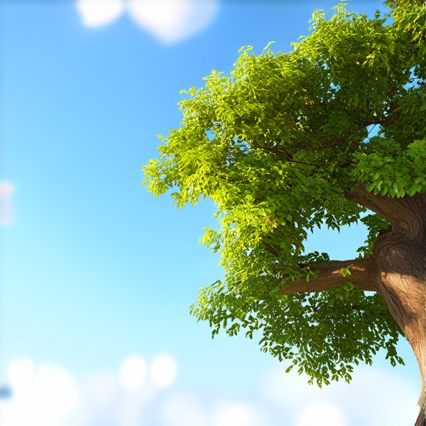 majestueux chêne centenaire aux feuilles vertes luxuriantes, éclairé par une douce lumière dorée du matin, ciel bleu clair en arrière-plan avec quelques nuages légers