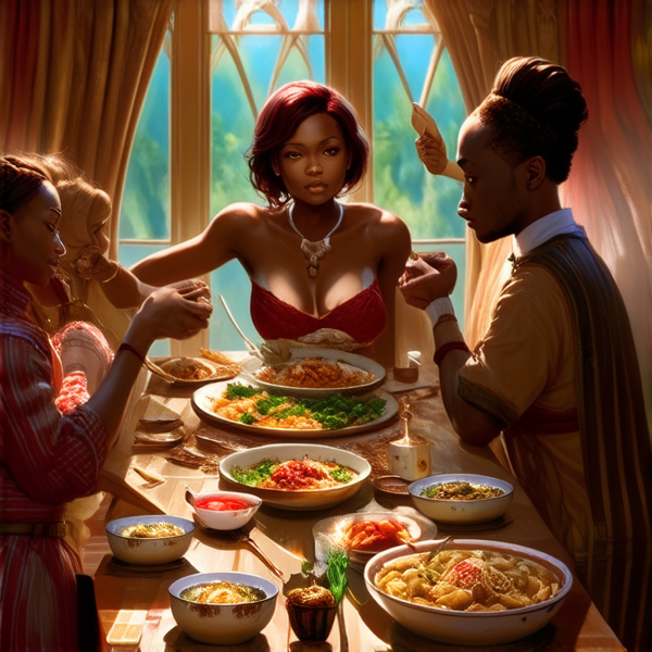 Repas de famille afro-américaine traditionnel, réunis autour d'une grande table avec des plats faits maison typiques