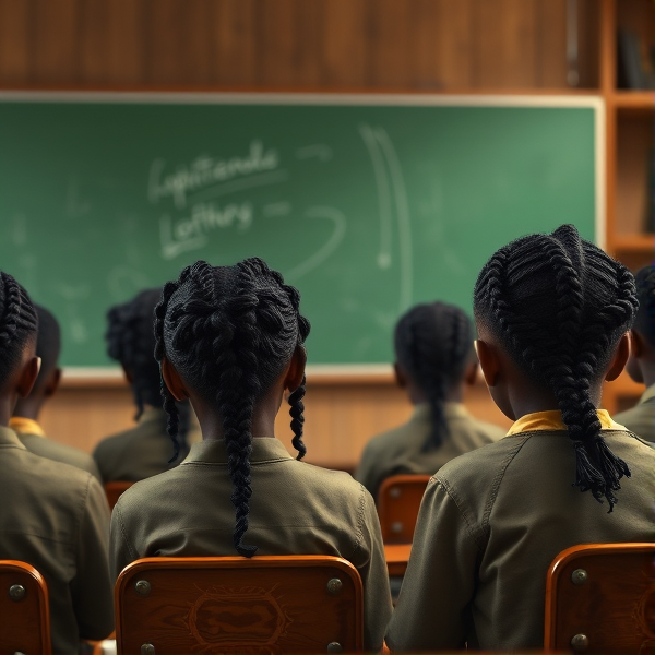 des filles noires de huit ans avec des tresses africaine et des garçons assis dans une classe face au tableau vert
