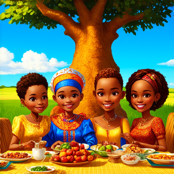 prompt: Un grand repas de famille traditionnel en plein air sous un baobab en Afrique, avec des plats locaux colorés et variés, des fruits exotiques, une grande nappe colorée, des hommes et femmes africains vêtus de tenues traditionnelles multicolores souriants et partageant un moment convivial
