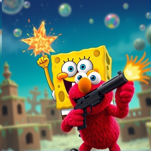 Sponge Bob as a hitman shooting Elmo