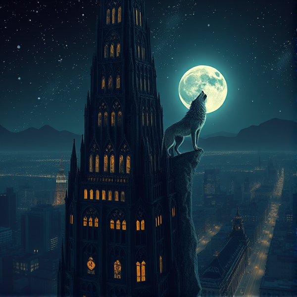Gratte-ciel imposant d'une architecture néo-gothique complexe, se découpant avec précision contre un ciel nocturne d'encre, parsemé d'étoiles étincelantes et d'une lune pleine d'un éclat argenté qui baigne la scène dans une lumière douce mais claire, des fenêtres éparses révélant des silhouettes sombres et mystérieuses dont les contours menaçants semblent surveiller la ville, un loup au pelage sauvage, grisonnant et dense aux yeux jaunes perçants trône en sentinel sur une corniche vertigineuse de l'un des plus hauts gratte-ciels offrant une vue plongeante sur l'urbanisation paisible en dessous, créatures fantastiques dissimulées parmi les ombres des allées désertes avec leurs iris dorés étincelants qui reflètent la faible lumière provenant des rares lampadaires encore allumés