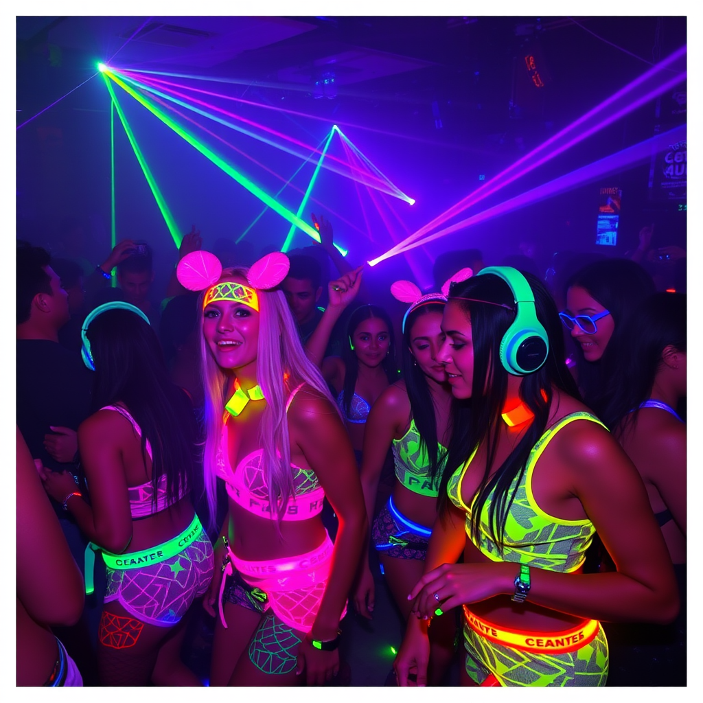 vibrant rave outfits featuring colorful neon patterns, reflective materials, and LED accessories, with an energetic crowd of partygoers dancing under strobe lights and laser beams