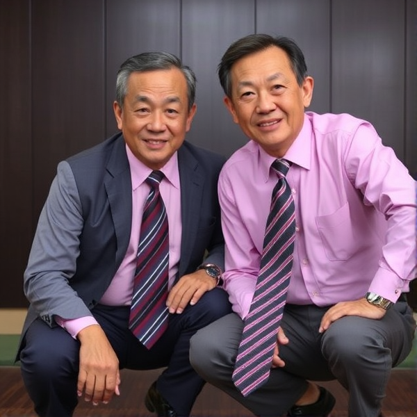 Deux hommes d affaires japonais senior accroupis qui regardent la caméra 
Chemise rose foncée et longue cravate rayée large 
Pointing