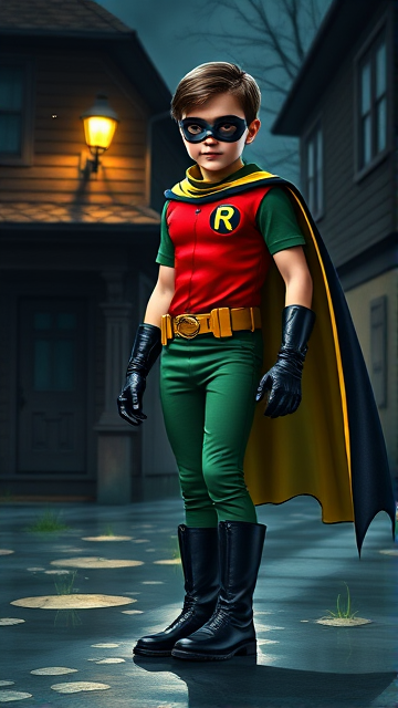 Movie Scene: A preteen 12-year old boy with light skin and dark brown hair named Connor Bardley, but dressed as Robin, The Boy Wonder, with an extremely muscular body, a sleek green suit with a red torso with a black circle with a yellow R symbol on his left pectoral, a gold utility belt, black boots, black long-cuffed gloves, a big, heel-length, ultra-wide collared cape that's black on the outside and yellow on the inside, and a black eye mask, standing in an abandoned house at night, looking for clues to the mystery he is trying to solve.