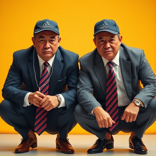 Deux  différents hommes d'affaires japonais puissants mature  accroupis et faché  portant des casquettes Adidas  et des cravates rayées longues  bleue rouge et oreillettes Apple 
Ils sont complices et conquérants , ils dominent 
 , accroupis pas trop et regard fort
