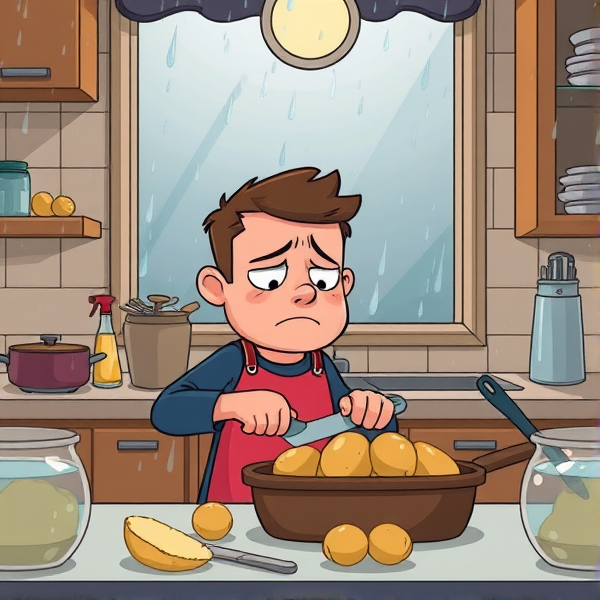 Sad cartoon guy peeling potatoes in the kitchen with rain through the glass in the background