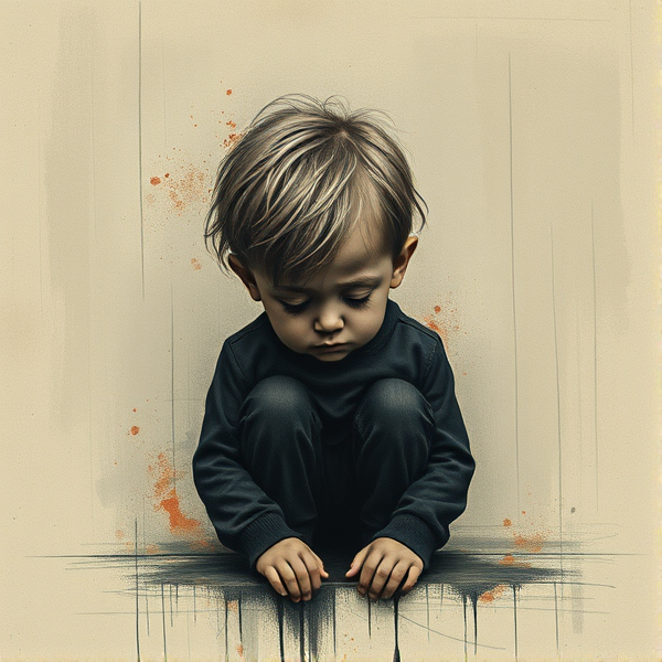 Sad album cover, with little boy sad , strange and abstract