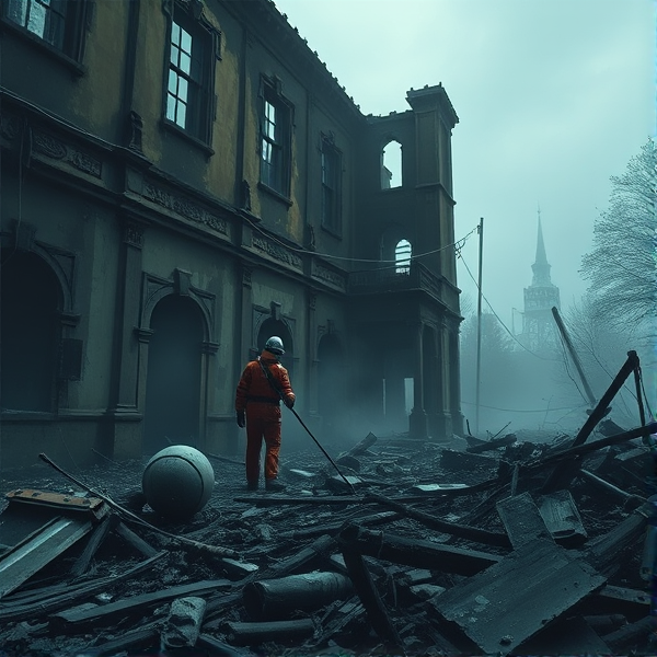 Asbestos assessor inspecting the charred remnants of a historical building post-fire, with focus on debris and damaged asbestos materials, amidst a somber and subdued color palette