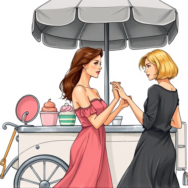 Je voudrai un dessin de deux jeunes et belles femmes : une grande brune bronzé er une plus petite coupe au carré blonde qui danse devant un vélo ambulant de glace avec un parasol gris carré et un klaxon pouet pouet