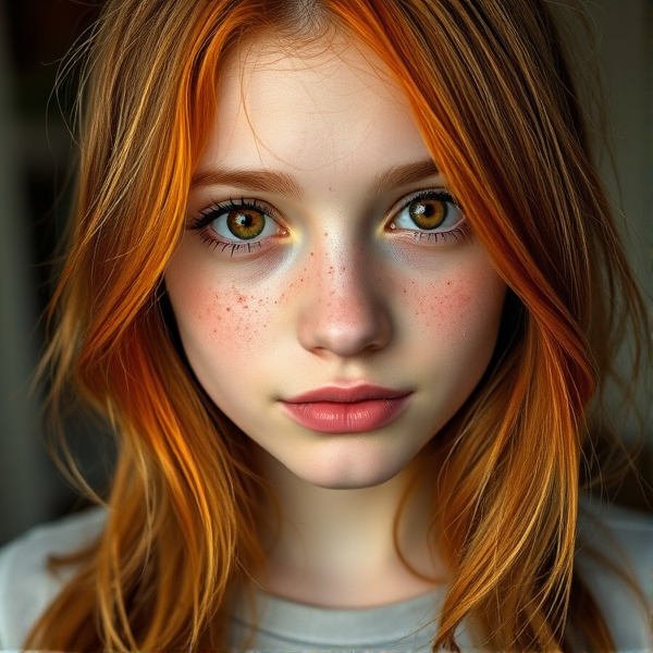 16 year old girl, natural nose Langtry orange brown layered hair, middle part,  hazel brown doe eyes, freckles everywhere , natural eye brows, thinner pale lips longer eye lashes, pale skin color