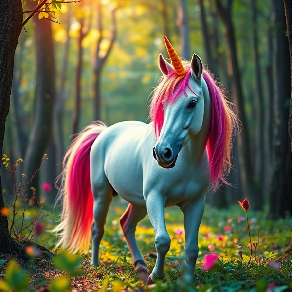 Unicorn, in forest, vibrant colors, beautiful