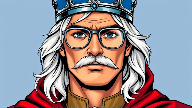 Male tan skin color with white long wavy middle part hair white mustache with chin stub, silver glasses, silver and blue crown, red royal cape, tan ranger uniform slightly visible under cape.
