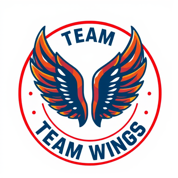 Logo rond et stylisé pour un club de football intitulé "Team Wings", intégrant au centre des ailes de poulet grillées à la perfection, d'un brun doré appétissant, avec une texture croustillante visible et alléchante, rehaussées par des reflets lumineux suggérant leur jutosité. Le tout entouré d'une typographie moderne et dynamique reflétant l'esprit sportif du club, avec une palette de couleurs bleu blanc rouge et contrastées mettant en valeur le design sans surcharger l'ensemble.