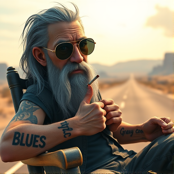 Create a highly detailed 3D rendering of an aged Chicago blues singer with long, unkempt gray hair and a long beard, muscles. Torn clothes like he has been in a fight. Sitting on a rocking chair in the middle of a desert highway. holds a harmonica.
Tattoo on face like Mike Tyson.
Tattoo letters on each finger that spells the 'Blues'
Peering over the top of aviator sunglasses. Cigarette in hand
Large tattoo on forearm that reads "Gravy Crane"