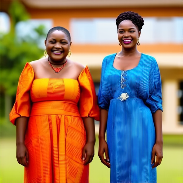 famille nombreuse africaine joyeuse en tenue traditionnelle, rassemblée à l'extérieur souriant devant une maison spacieuse et élégante avec des éléments architecturaux contemporains