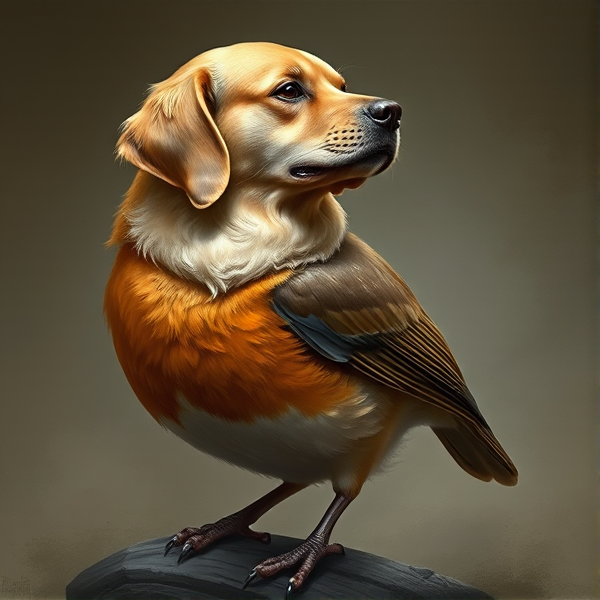 animal with a robin body and a golden retriever head