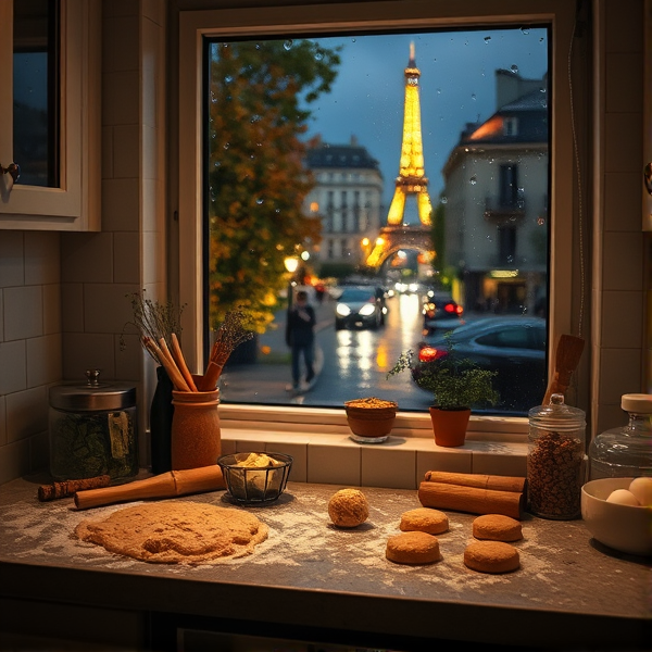 Image réaliste d'une cuisine, on peu voir sur le plan de travail de la patte et des cookies en préparation avec es ustensiles à côté, par la fenêtre on peu voir une nuit d'automne dans Paris où il pleut et fait humide on peut voir sur la fenêtre des gouttes