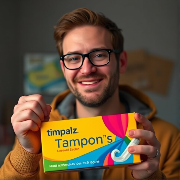Tim Walz holding a box of tampons.