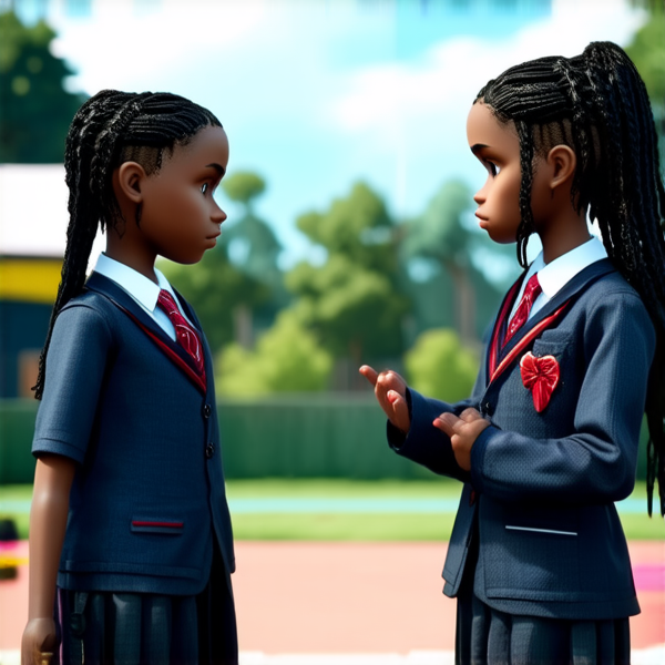 deux jeunes filles de huit ans portant des tresses africaines noires et des uniformes scolaires se tenant face à face dans une cour d'école, les yeux humides de larmes et l'air bouleversé alors qu'elles sont en pleine dispute