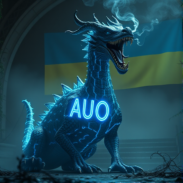 An intricately designed, streamlined dragon bearing the vivid acronym "AUO" on its chest in a radiant, blue electric luminous font that casts an electric glow, emanating waves of intense energy. The dragon's scales are a masterpiece of detailed circuit patterns that shimmer with a lifelike electrical pulse. From its nostrils, ethereal streams of digital smoke curl upwards, timed with the deep, resonant roars that showcase its electrified sharp fangs. As a respectful nod to tribute and unity, incorporate elements of the Ukrainian flag within the composition. This majestic creature resides in a desolate post-apocalyptic landscape that accentuates its powerful presence. In the background is the Ukrainian flag, a rectangle, with the top half blue and the bottom half yellow..
