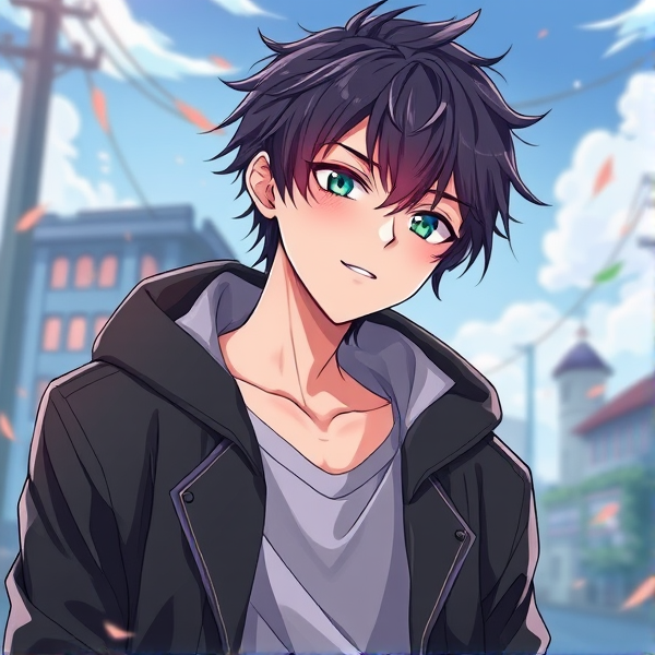 Anime, feminine guy, short dark hair, very cute . He's edgy, and blows everything out of proportions in all situations