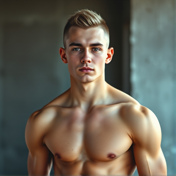 Muscular white teenage boy with buzzcut