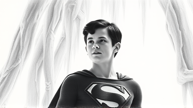 1990's Cinematic Movie Scene: Jon Kent, AKA Superboy, the young little 12-year old super son of Superman, and the first kid to be born as the world's first Half-Kryptonian child. Despite being a kid, he has all of his father's powers, with an extremely muscular body, the iconic costume, the singular curled bang sticking out at the front of his flat and smooth black hair, and a long cape. The young little Half-Kryptonian, Jon Kent, now Superboy, stands in his secret icy crystal lair in the Arctic, the Fortress Of Solitude, ready for action as he prepares to take flight for the first time so he can honor his deceased father's legacy and fulfill his destiny.