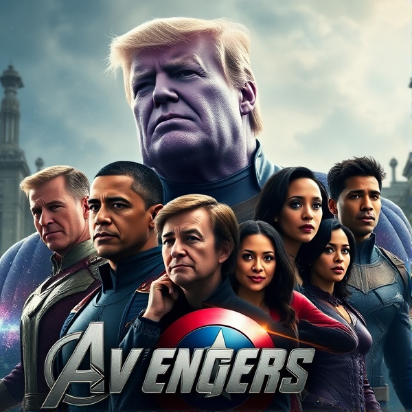 avengers poster with Donald Trump as Thanos and barack Obama and Michelle Obama, Kamala Harris, tim walz as the avengers