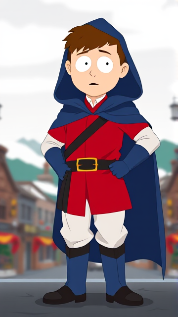 Clyde Donovan from South Park, light skin and brown hair, but as a 14-Year Old, dressed as a medieval prince with a red shirt with white sleeves, a black belt with a gold buckle, white pants, blue boots, blue long-cuffed gloves, and wreathed in a big blue hooded cape, now known as Prince Donovan. Despite still being a kid, he is the Youngest Ruler of South Park, Colorado, but now reborn as the real life Kingdom of Kupa Keep, Zaron, and Prince Donovan is its youngest and greatest hero. The young teenage prince of Kupa Keep is currently standing on stage in the city streets of the small mountain town that still exists in the kingdom, giving a touching speech to his loyal subjects.