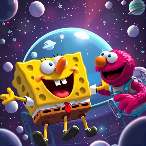 elmo and spongebob being friends in space