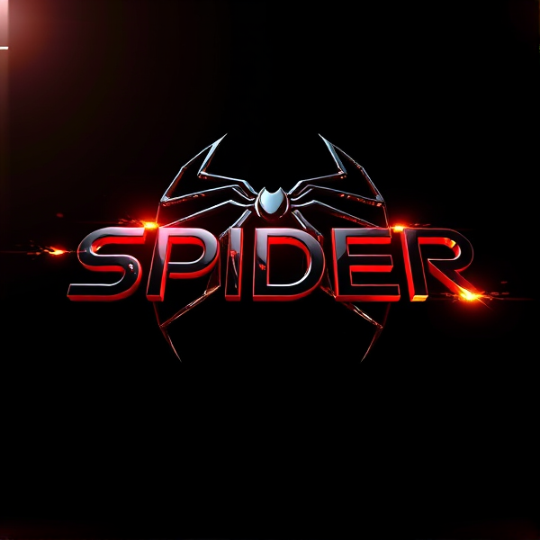 Create a visually arresting 3D logo for "SPIDER" that exudes ultra-modern, sleek design elements with bold sans-serif typography which dynamically bursts forth from a pitch-black background. Infuse the artwork with electrifying light beams inspired by the Capcut app icon's luminosity, casting profound shadows and creating striking highlights across the logo's contours. Incorporate a fusion of cutting-edge curves, crisp edges, and fluid lines to convey both rapidity and elegance. The logo should be enveloped in a metallic skin exhibiting a lustrous, mirror-like finish to dramatically bounce off light, imbuing it with an essence of vigorous motion. Draw upon Pixar's hallmark of incisive imagery and pronounced geometric shapes, injecting the tableau with a lively color spectrum and polished surfaces for additional depth. Utilize rendering techniques paralleling Unreal Engine's hyper-realism and Octane Renderer's ray tracing capabilities to achieve mesmerizing reflections, alongside V-Ray's sophisticated lighting effects to accentuate the mood. Strive for an overwhelmingly surreal visual spectacle that flirts with sci-fi elements, deliberately exaggerating every aspect for maximal impact. This creation ought to be perceived as audaciously lavish, overtly eschewing any inclination towards subtlety or minimalism.