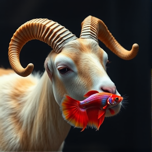 Goat with corkscrew horns combined with a  betta fish