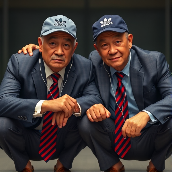 Deux  différents hommes d'affaires japonais puissants mature  accroupis et faché  portant des casquettes Adidas  et des cravates rayées longues  bleue rouge et oreillettes Apple 
Ils sont complices et conquérants , ils dominent 
 , accroupis pas trop et regard fort
Ils sont hypnotisant du regard , amis, complice , envoûtant , charismatique 
Ils se tiennent par les épaules , il fixent l objectif de la caméra