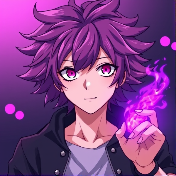 My hero academia oc. Purple fluffy hair. Pfp purple fire in hand