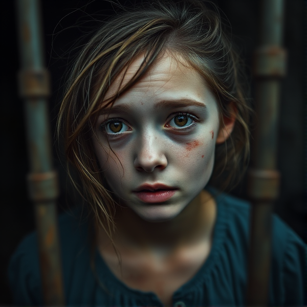 C'est une jeune fille de 19 ans. Elle a des cheveux marrons emmêlés et des yeux marrons. Sa peau est sale et ses joues sont couvertes de blessure. Elle semble apeurée. Elle se trouve dans une cellule, tout est sombre autour d'elle. Elle est vêtue d'une robe bleu usé