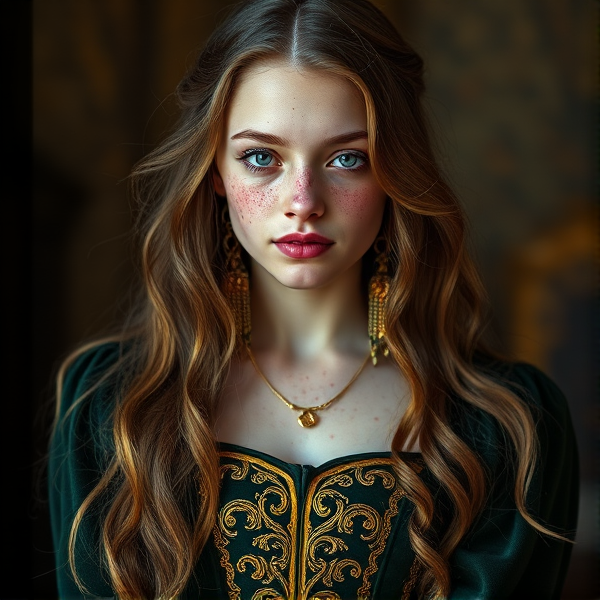 18 year old girl with long, wavy, light brown hair, hazel eyes, and a plethora of freckles. She is wearing a forest green velvet dress with golden accents and a golden corset. She lives in Norway.