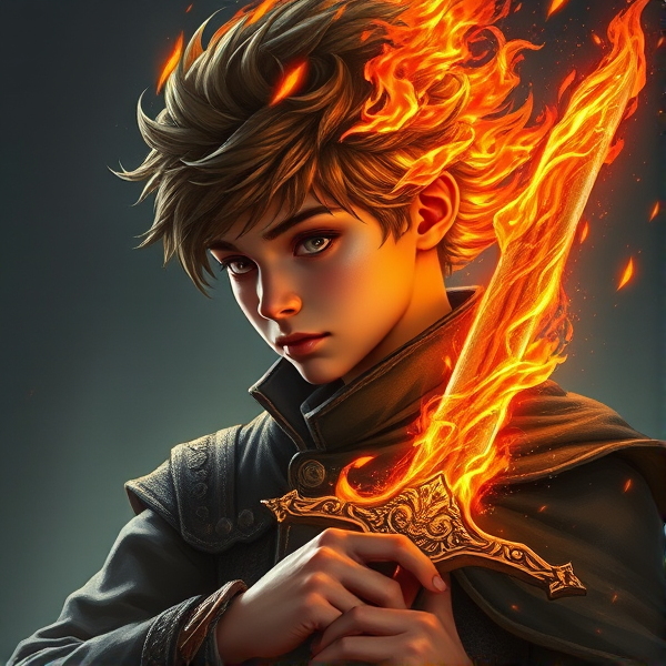A Boy with fire for hair and is holding a sword with flames going off it