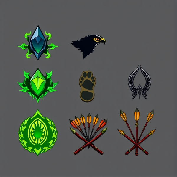 Create random RPG skill icons for a ranger, each featuring intricate designs: 1) An arrowhead surrounded by mystical green flames for a poison shot skill. 2) A silhouette of a hawk's eye for an eagle eye precision skill. 3) A footprint with a glowing aura for a silent step ability. 4) Two crossed longbows with ornate carvings for a double shot ability. 5) A quiver full of various types of arrows to represent an arsenal of elemental shots. Each icon should be distinct and vibrant, suitable for easy identification in a game interface, and should convey the essence of the ranger class with fantasy elements like magic and nature motifs intertwined.