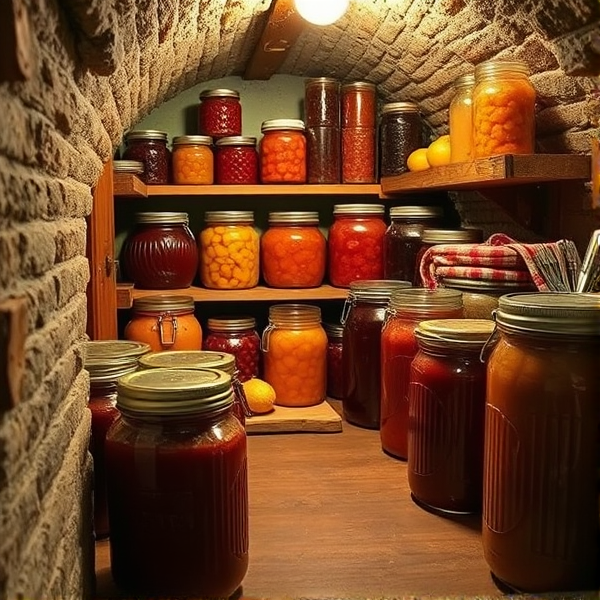 crée moi une image d'une cave remplie de conserves maison