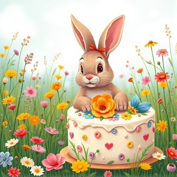 A whimsical, vibrant scene with a cute bunny sitting in a meadow full of colorful wildflowers, with a beautifully decorated cake adorned with edible flowers and icing