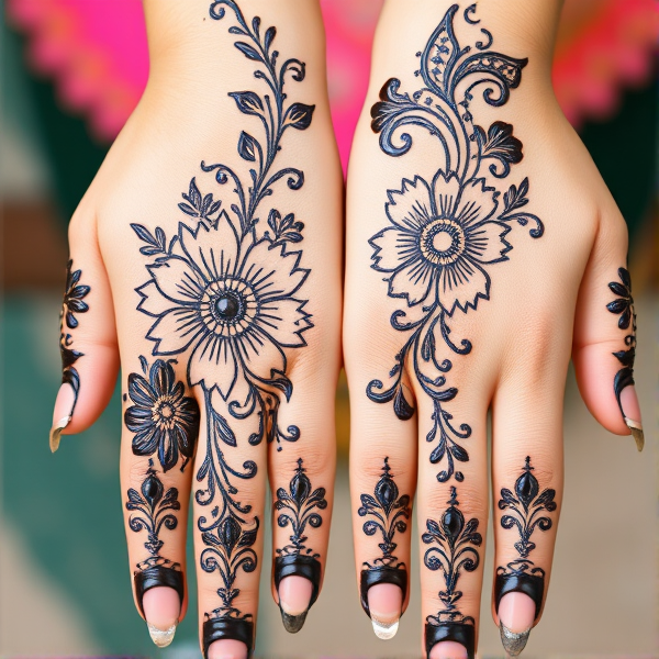 motif de mehndi complexe et détaillé sur des mains féminines, avec des fleurs et des motifs paisley traditionnels, encre noire sur peau claire, photographie en gros plan avec une mise au point nette