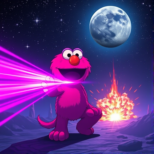 Elmo using a purple plasma beam at night exploding a planet in the distance