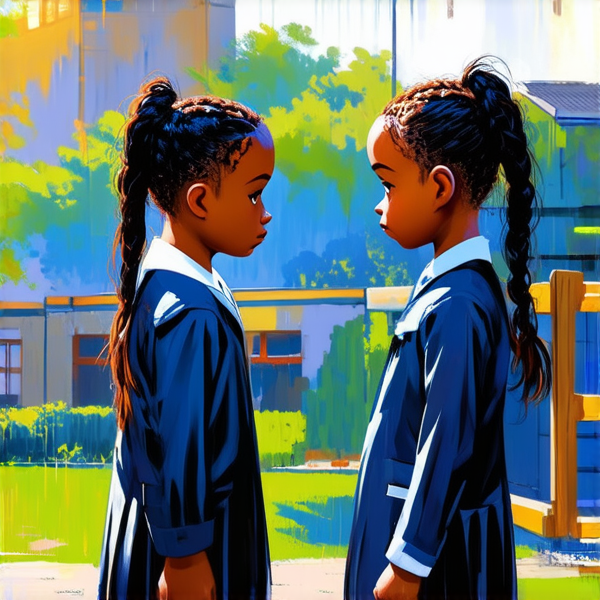 deux jeunes filles de huit ans portant des tresses africaines noires et des uniformes scolaires se tenant face à face dans une cour d'école, les yeux humides de larmes et l'air bouleversé alors qu'elles sont en pleine dispute