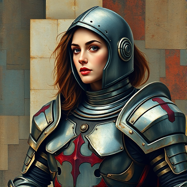 An image of a woman wearing armor in a cubist art style
