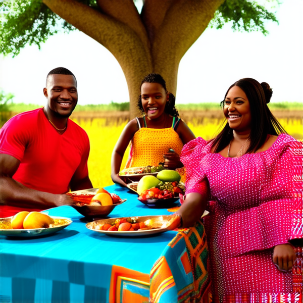 Un grand repas de famille traditionnel en plein air sous un baobab en Afrique, avec des plats locaux colorés et variés, des fruits exotiques, une grande nappe colorée, des hommes et femmes africains vêtus de tenues traditionnelles multicolores souriants et partageant un moment convivial