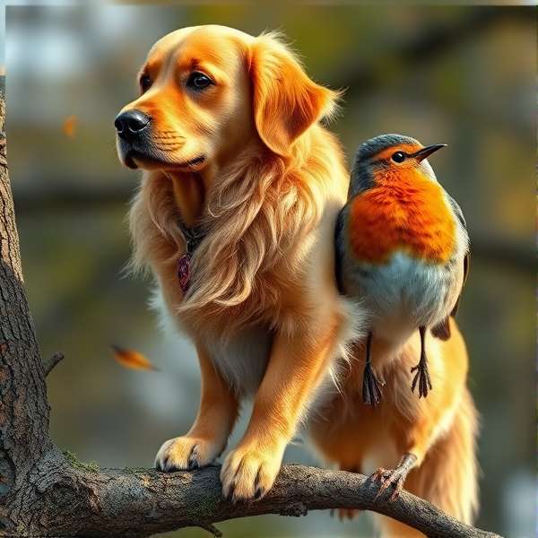 Envision a noble hybrid beast, embodying the essence of a golden retriever and a Robin in one. It flaunts a luxurious coat shimmering with the hues of golden fur typical to its canine side, complemented by the warm, chestnut-red breast of a Robin. This fantastical animal bears the benevolent gaze and soft eyes characteristic of the retriever, while its back dons the sleek feathers and functional wings of a Robin. Poised with elegance upon a tree branch, this creature is an epitome of harmonious interspecies fusion.