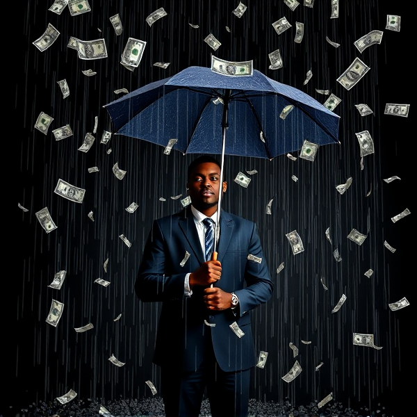 African-American man standing in a black room holding an umbrella while it rain 100 dollar bills