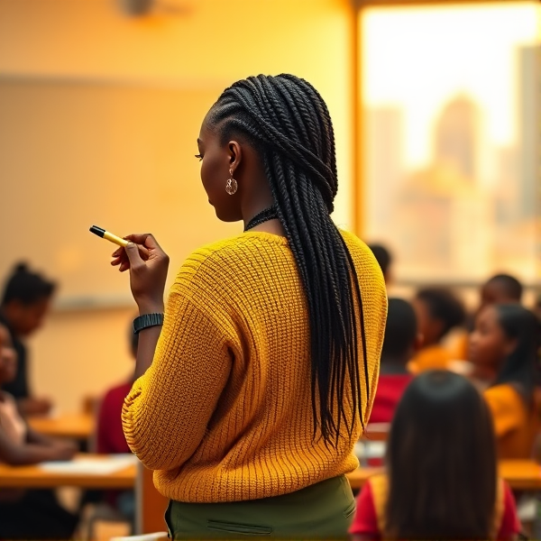 Une institutrice noire âgée de quarante avec des tresses africaines ans vêtue d'un pull jaune le dos tourné écrivant au tableau dans une salle de classe avec des élèves noires agés de huit ans